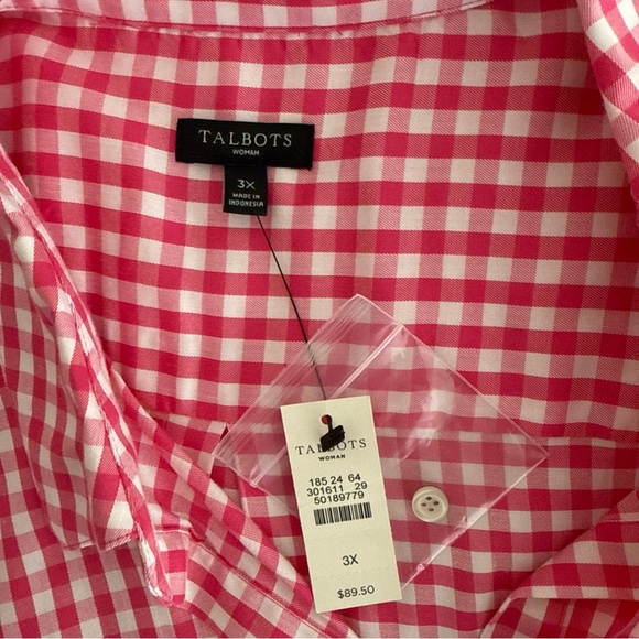 Talbots Woman Pink Gingham Partial Button Down Top Plus Size 3X Pockets Preppy - Picture 5 of 9